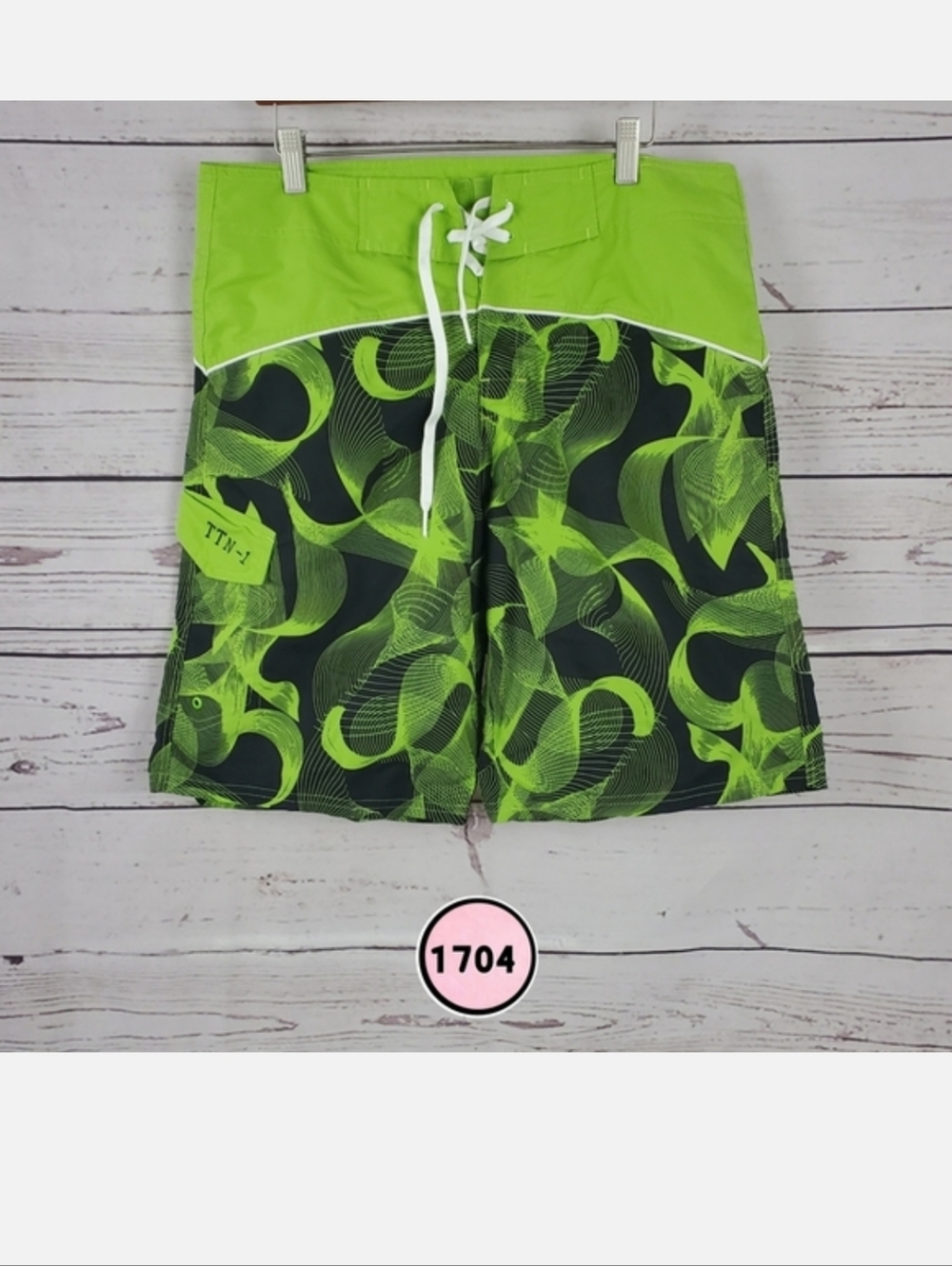 Neon Green Wave Pattern Men's Swim Trunks
